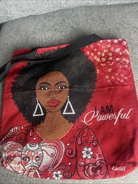 Red Canvas Tote Bag with Afro Portrait and 'I AM Powerful' Artwork